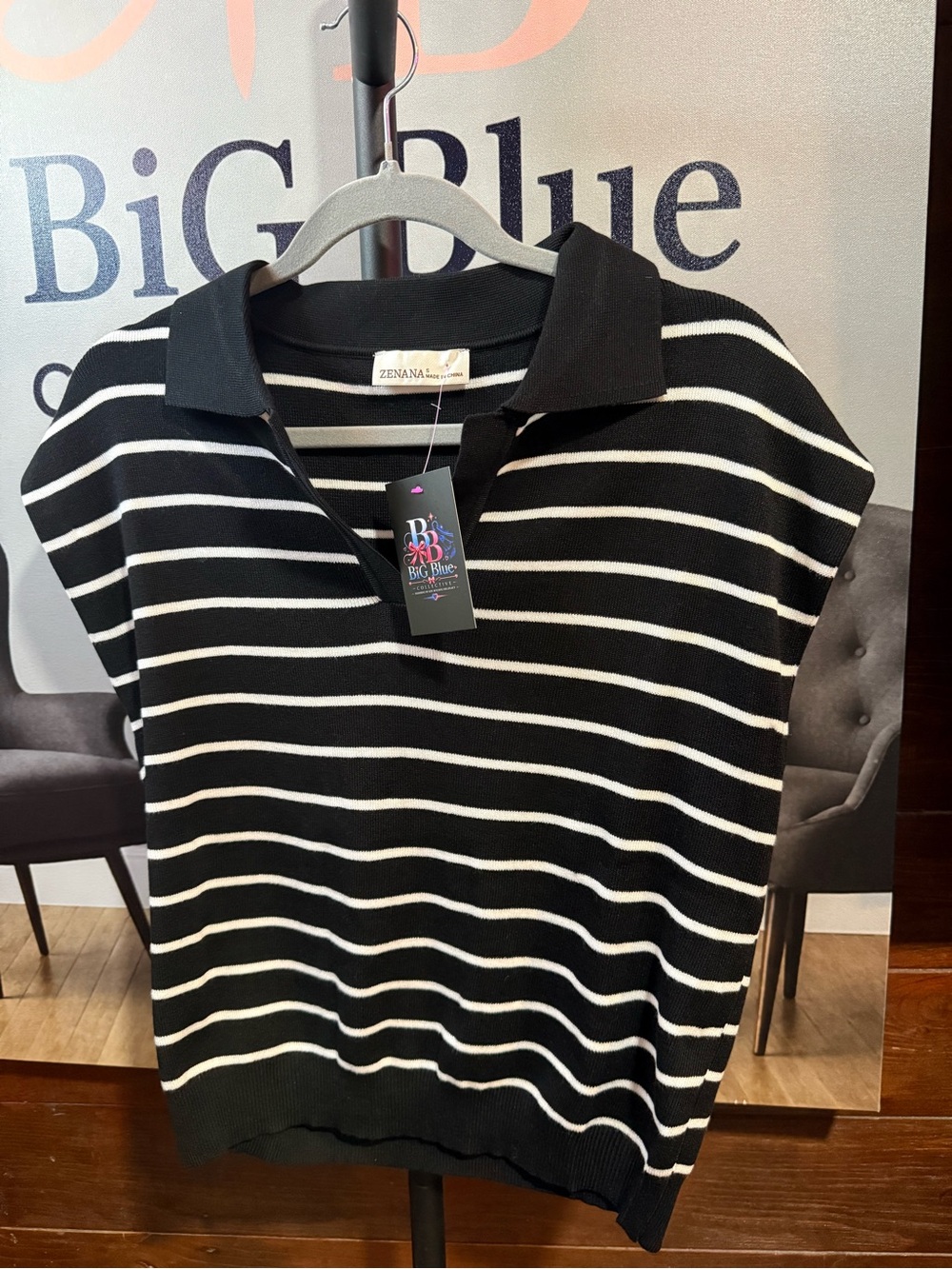 Zenana Outfitters navy blue and White Striped Polo